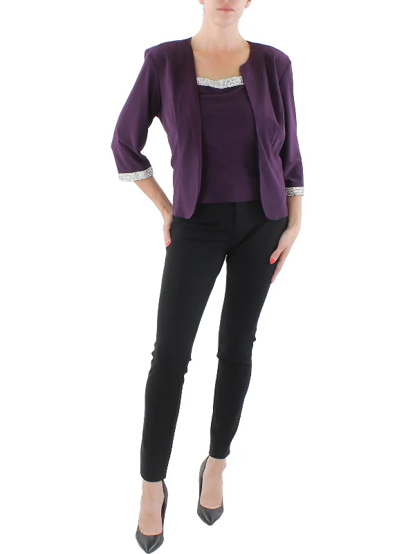Petites Womens Knit 2PC Collarless Blazer Women's High-End Blazer