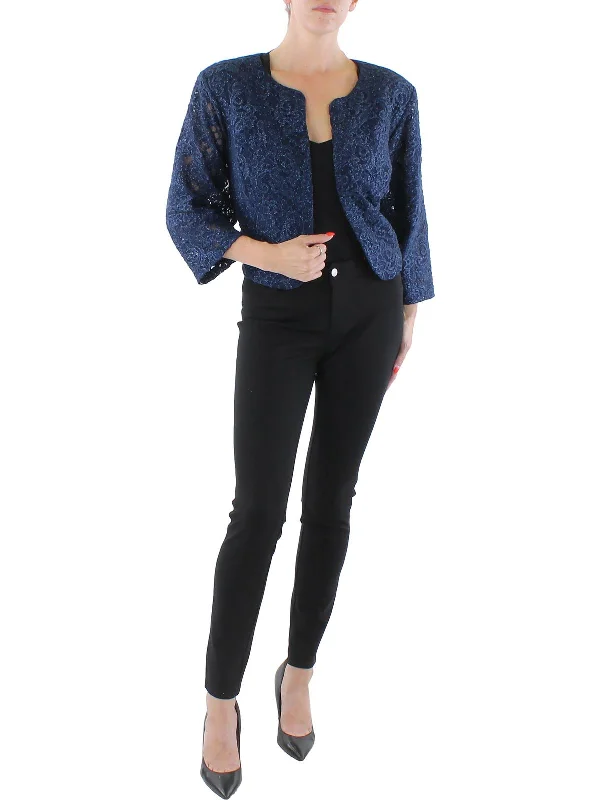 Plus Womens Lace Glitter Collarless Blazer Women's Travel Jacket