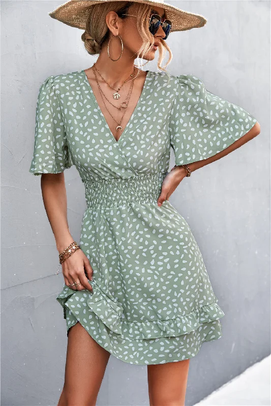 Printed Smocked Waist Layered Surplice Dress Tunics Stylish elegant
