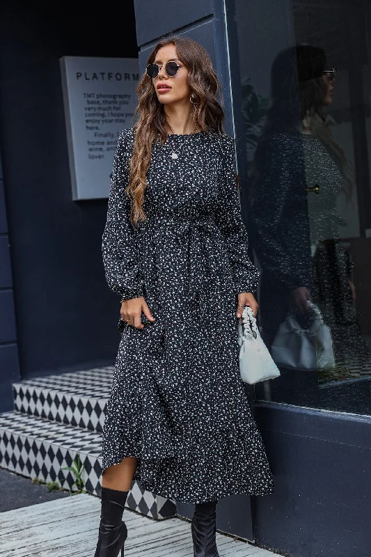 Printed Tie-Waist Keyhole Ruffle Hem Dress Tunics Favorite customer