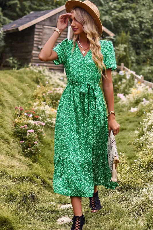 Printed Tie-Waist Short Puff Sleeve Surplice Dress Tunics Evening elegant