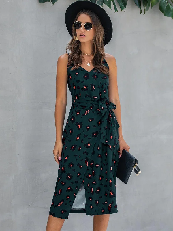 Printed Tie-Waist Spaghetti Strap Dress Tunics Vintage classic