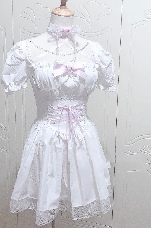 Retro Square Neck Puff Sleeve Tie Up Waist Lace Dress Tunics Versatile all-occasion
