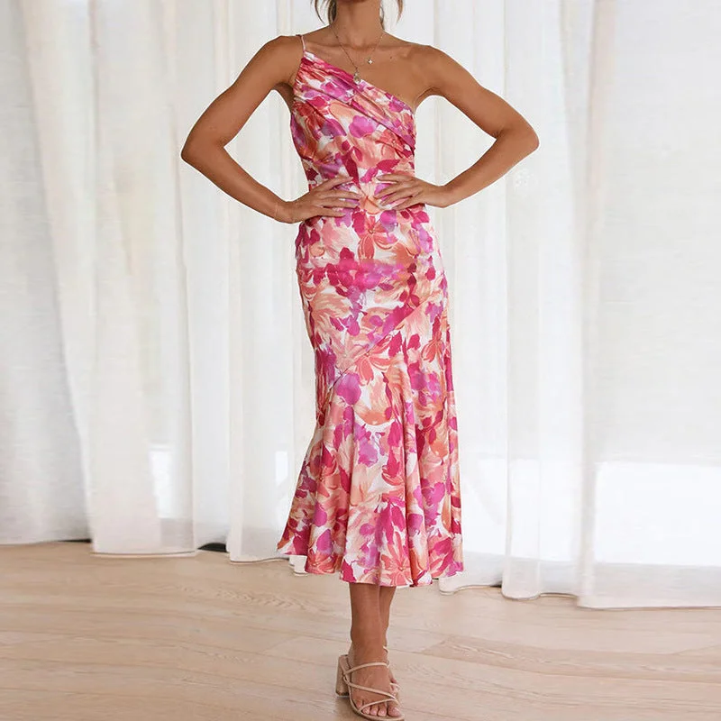 Sexy One Shoulder Pink Flowers Long Dresses empire Waist empire