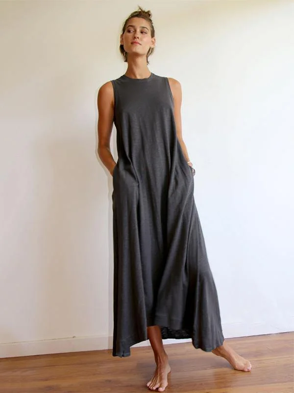 Simple Solid Sleeveless Round-neck Long Dress Tunics Luxurious high-end