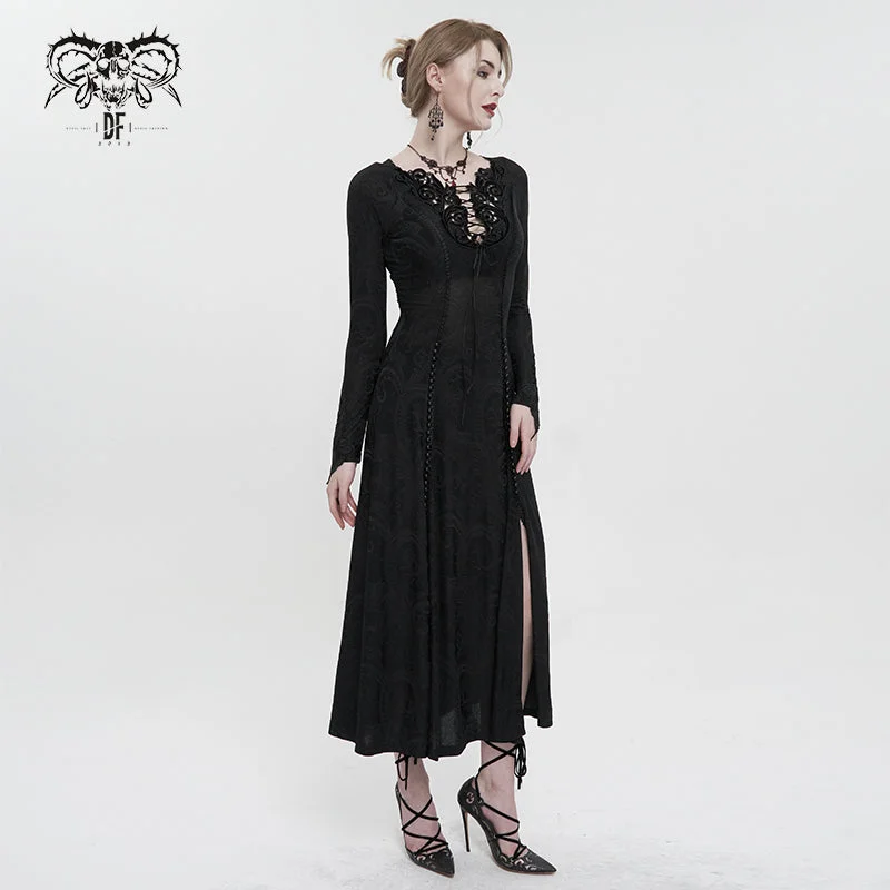 SKT144 gothic dark pattern long sleeve long dress A-Line Day Work