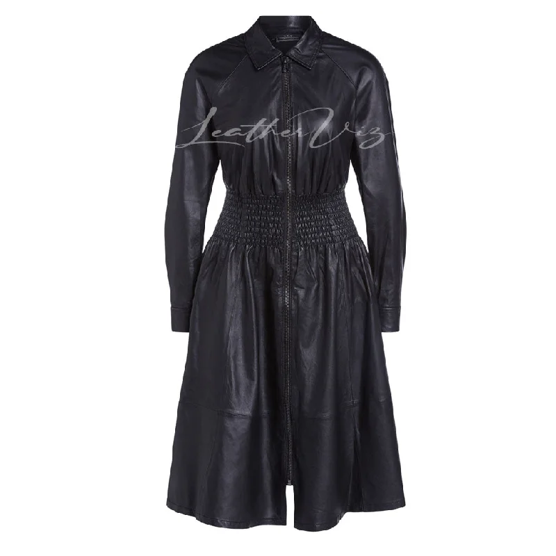 SMOCKED WAIST WOMEN LEATHER DRESS Tunics Vintage classic