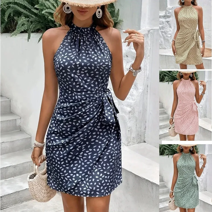 Summer Halterneck Printed Dress With Tied-waist Design Women's Shivering Dots Temperament Dress Tunics New arrival Summer Halterneck Printed Dress With Tied-waist Design Women's Shivering Dots Temperament Dress Tunics New arrival