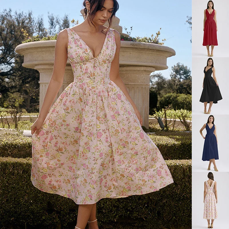 V-neck A-line Dress Summer Pleated Floral Print Tight Waist Swing Dresses With Pockets Womens Clothing Tunics Seasonal trendy V-neck A-line Dress Summer Pleated Floral Print Tight Waist Swing Dresses With Pockets Womens Clothing Tunics Seasonal trendy