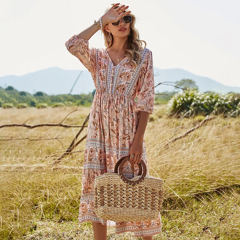 V-Neck High Waist Bohemian Mid-Length Dress Tunics Versatile functional