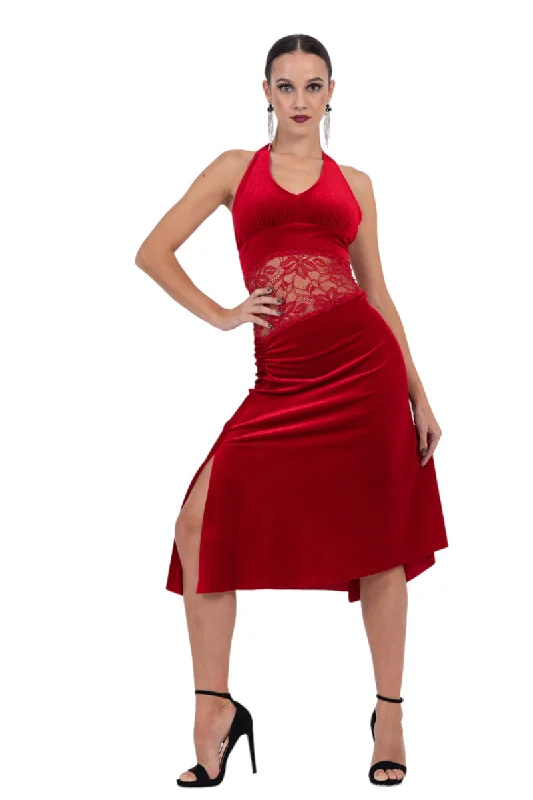 Velvet Halter Neck Tango Dress With Lace Waist Tunics Timeless classic