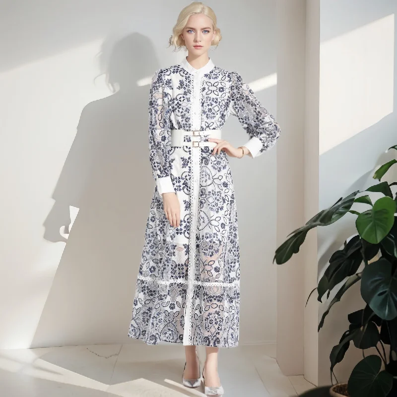 Vintage Stand Collar Elegant Long Dresses Tunics Chic elegant