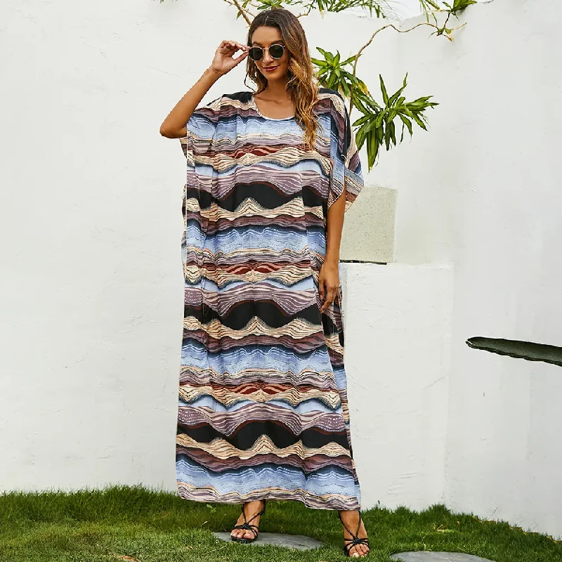 Women Fashion Casual Stripe Printing Batwing Sleeve Loose Long Dress Tunics Yoga stretchy