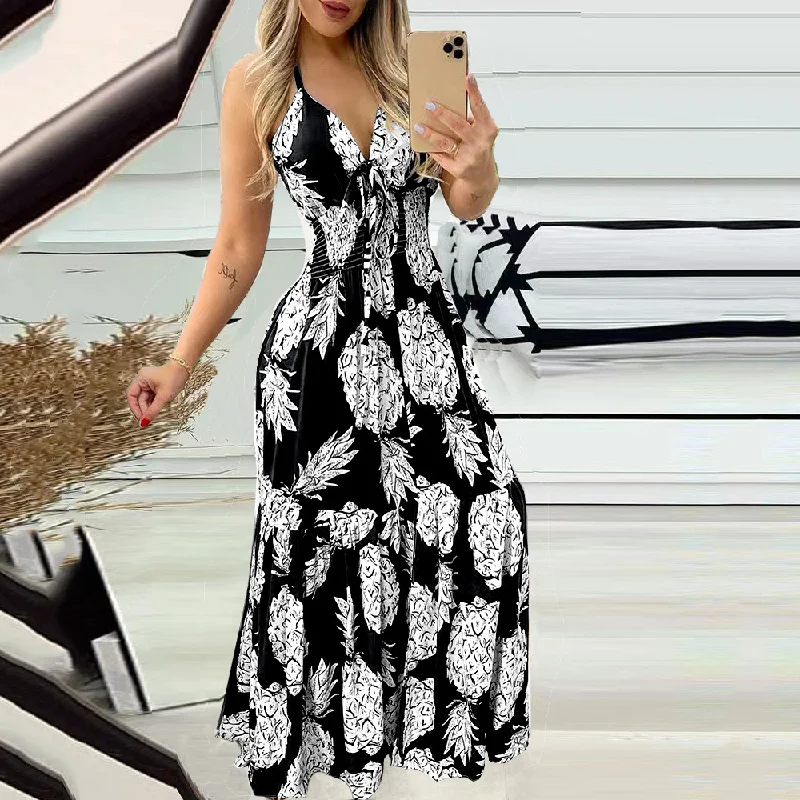 Women Fashion Sexy Pineapple Printing Defined Waist Slip Dress Tunics Canvas sturdy