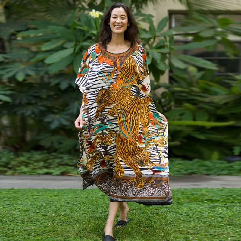 Women Ramadan /Eid Fashion Casual Tiger Printing Batwing Sleeve Long Dress Tunics Party sparkling