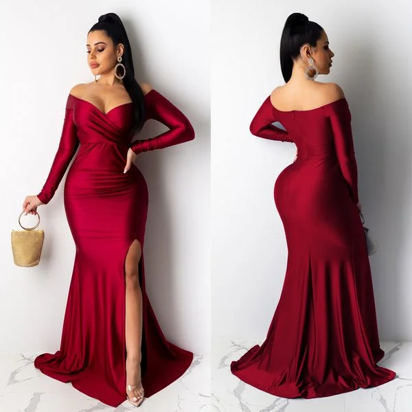 Women's Elegant V neck Split Long dress Turtleneck Neckline Stylish
