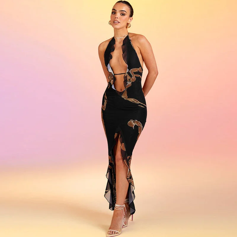 Women's Fashion Printed Halter Strap Long Dress Tunics Distressed trendy