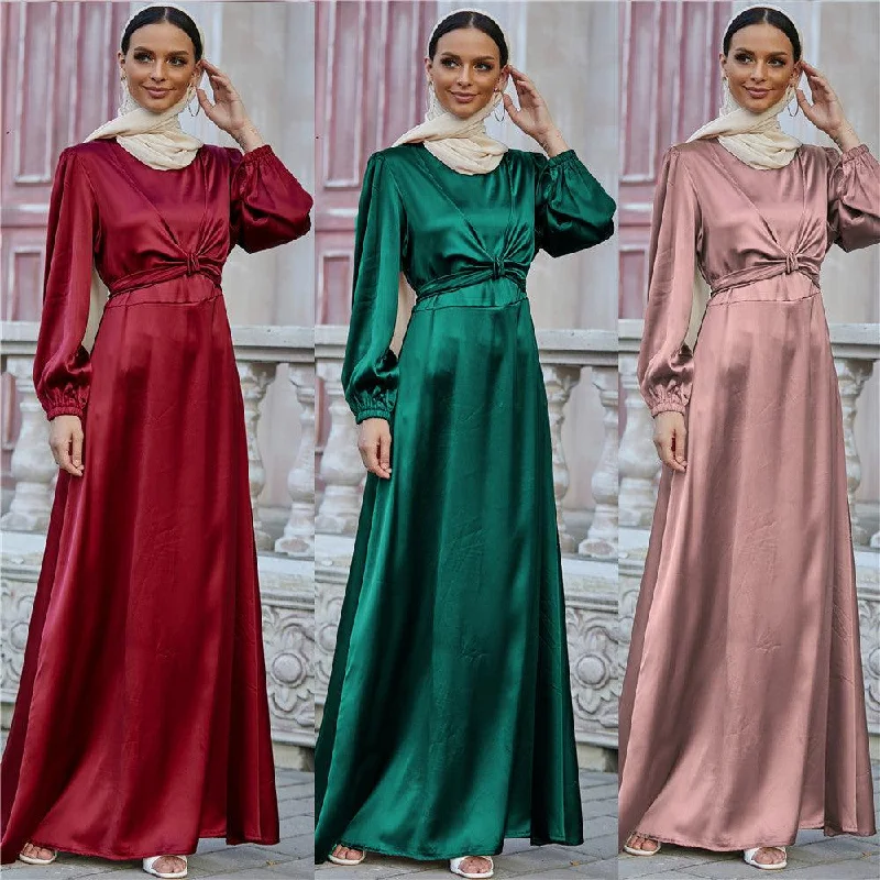 Women's Fashion Satin Waist Tie Dresses Tunics Velvet soft