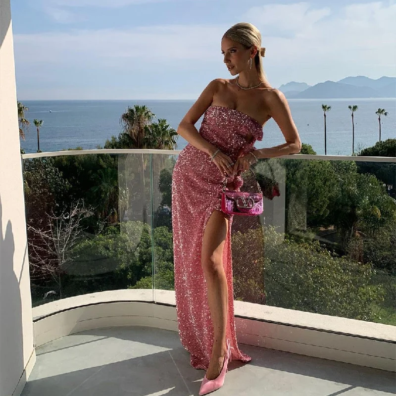Radiant Elegance: Women's Off-Shoulder Sequin Bow Split Long Dress Tunics Ceremony elegant