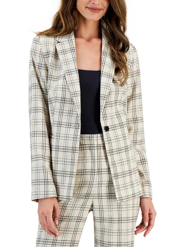 Womens Plaid Linen One-Button Blazer Women's Vintage Suit