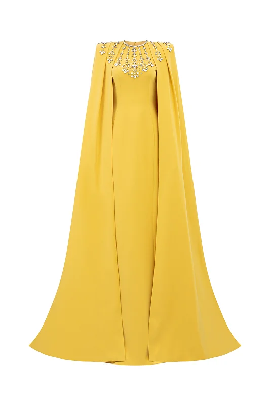YELLOW STONE EMBELLISHED CAPE AND BODYCON GOWN SET Tunics Formal black