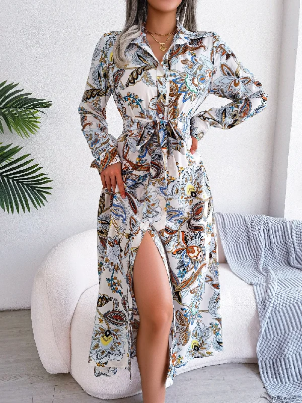 Zjkrl - 2023 Spring Summer Skinny Long Dress Elegant Vintage Print Shirt Casual Lapel Button Slit Lace Up Long Sleeve Maxi Vestidos Halter Neckline Beach