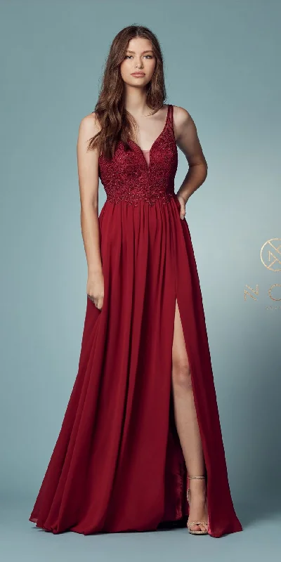 Nox Anabel Y299 A-Line Long Dress with Slit Beaded Bodice Halter Neckline Beach
