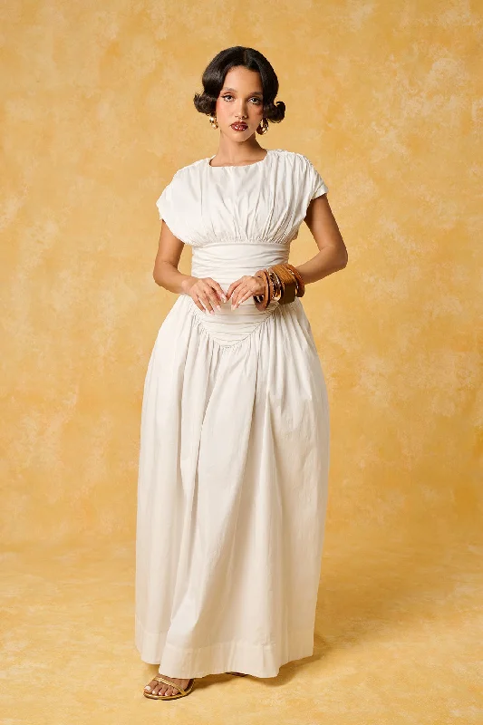 Adesuwa Ruched Cotton Long Dress - White Tunics Spring floral