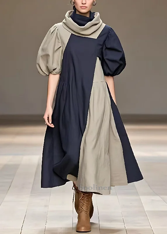 Art Navy Turtleneck Pockets Cotton Long Dress Summer Tunics Sophisticated sleek