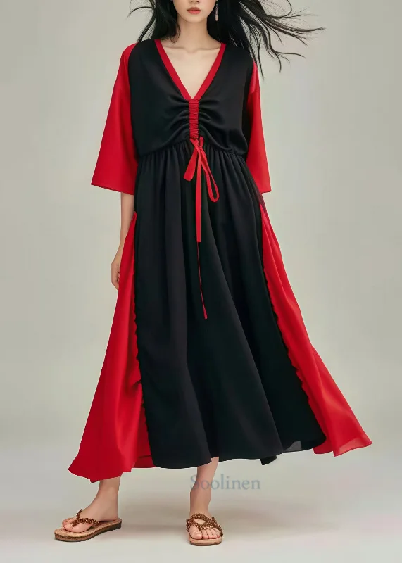 Beautiful Black Cinched Patchwork Cotton Long Dress Summer Off-the-shoulder Chic Trendy
