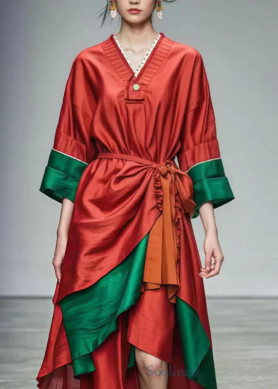 Beautiful Red Tie Waist Patchwork Cotton Holiday Dresses Summer Tunics Versatile all-occasion