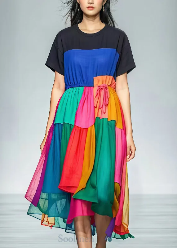 Black Patchwork Cotton Vacation Dresses Tie Waist Summer Tunics Top rated