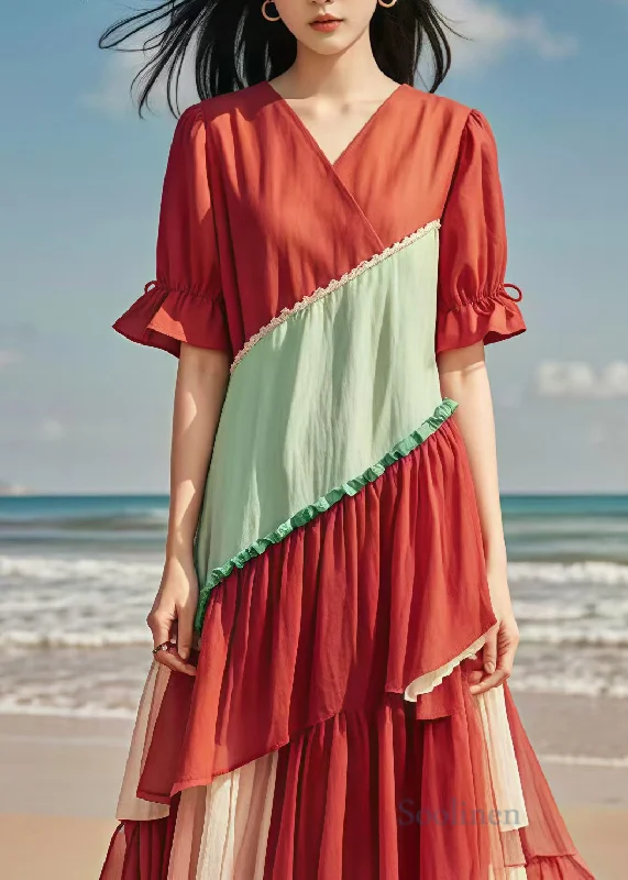 Boho Red V Neck Patchwork Tulle Cotton Long Dress Summer Cowl Neckline Elegant