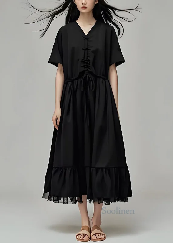 Boutique Black V Neck Drawstring Patchwork Cotton Long Dress Summer Tunics Modern contemporary