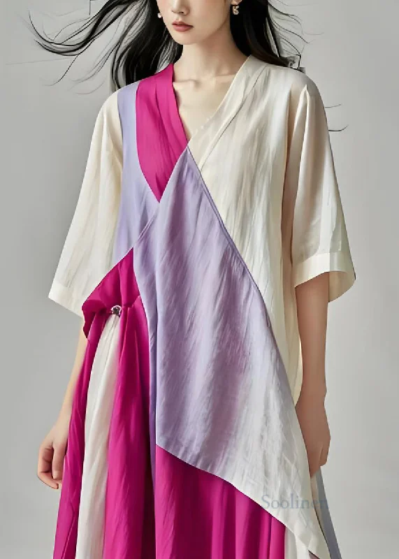 Boutique Colorblock V Neck Patchwork Cotton Long Dress Summer Tunics New arrival