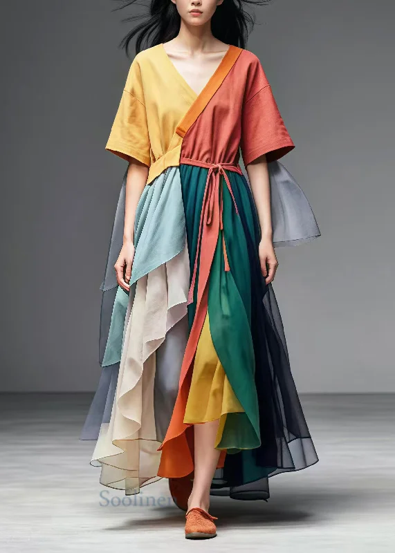 Colorblock Patchwork Tulle Ankle Dress V Neck Tie Waist Summer Tunics Running lightweight Colorblock Patchwork Tulle Ankle Dress V Neck Tie Waist Summer Tunics Running lightweight