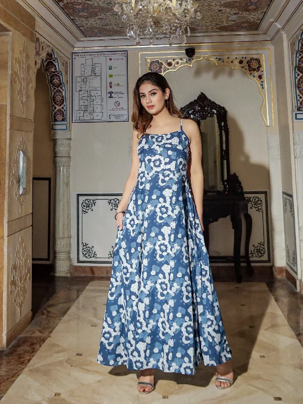 Divena Indigo Print Cotton Long Dress Tunics Formal black