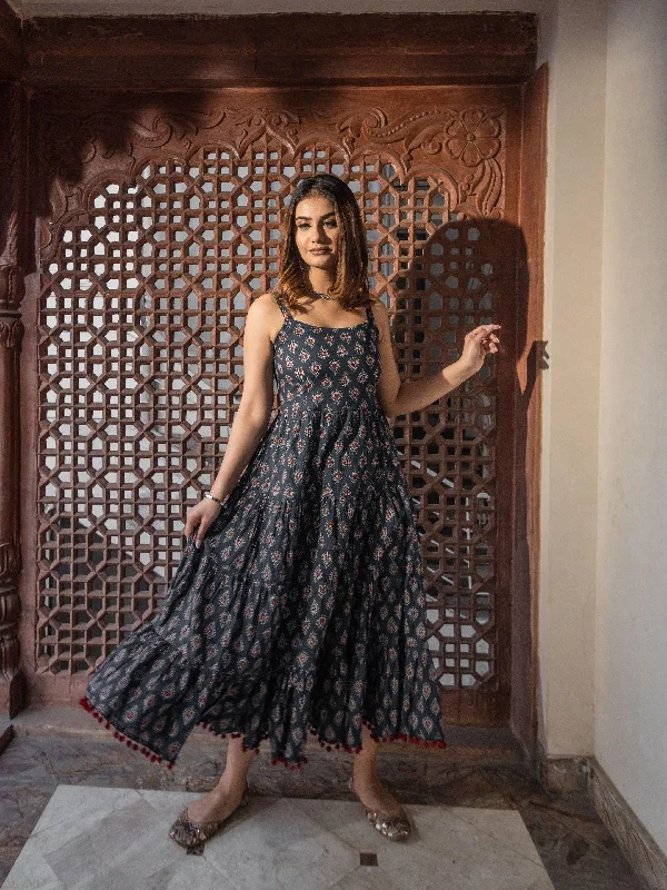 Divena Navy Blue Buti Printed Shoulder Strip Long dress Tunics Gym athletic
