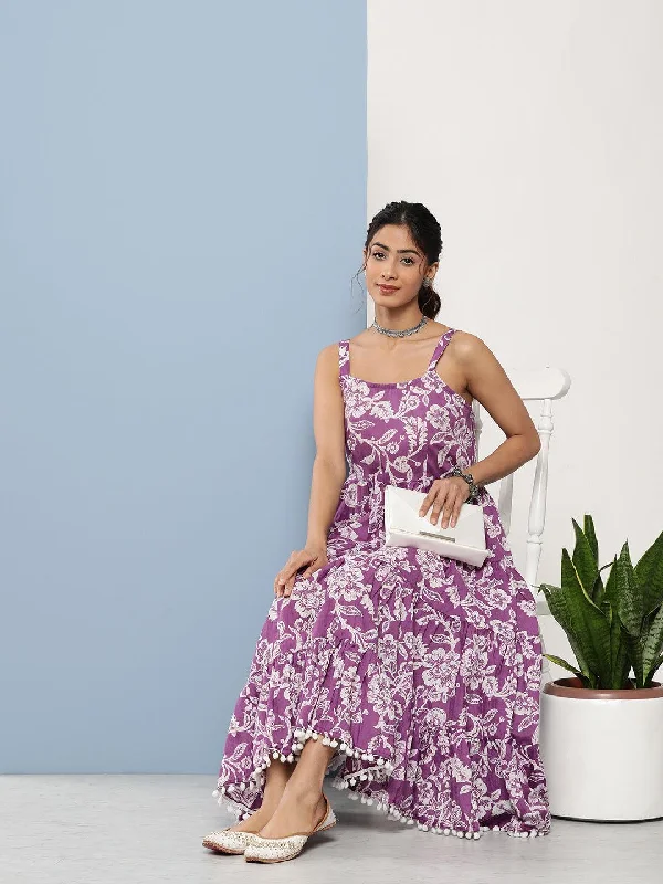 Divena Purple Floral Shoulder Strip Long Dress Tunics Stylish elegant