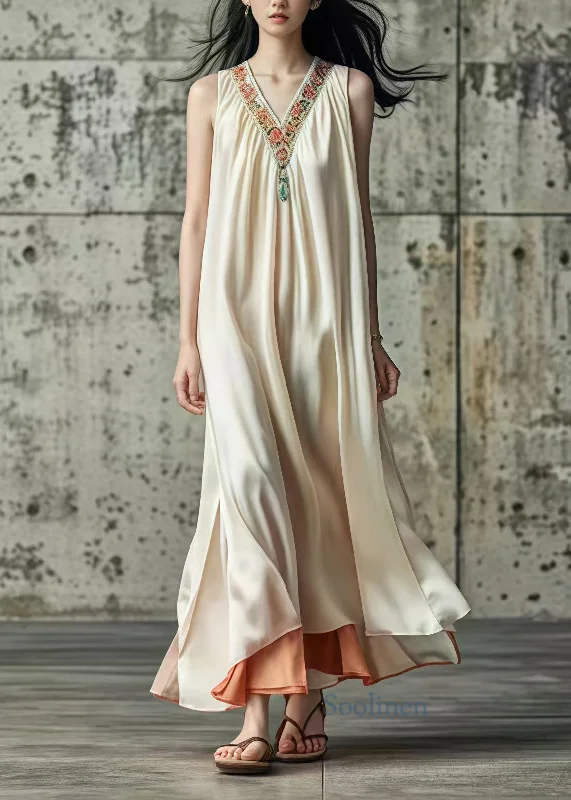 Elegant Beige V Neck Patchwork Silk Long Dress Sleeveless Tunics Fashionable trendy