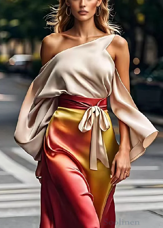 Italian Cold Shoulder Tie Waist Silk Long Dresses Summer Tunics Running lightweight