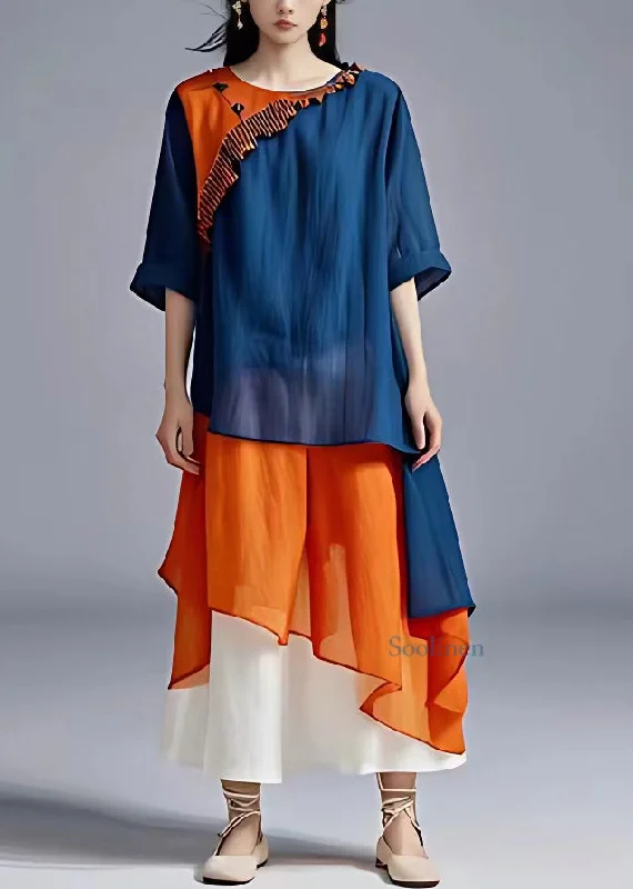 Loose Blue O-Neck Patchwork Chiffon Long Dress Summer Tunics Business professional