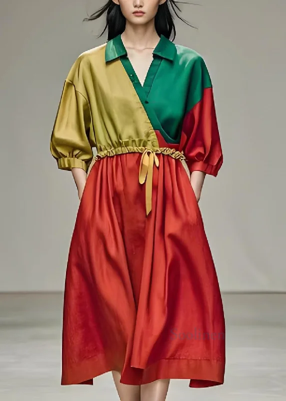 New Colorblock Pockets Patchwork Cotton Long Dress Summer Tunics Chic fashionable