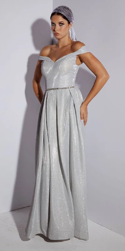 Eureka 9808 Off-Shoulder Long Dress with Side Slit and Pockets Boat Neckline Classic