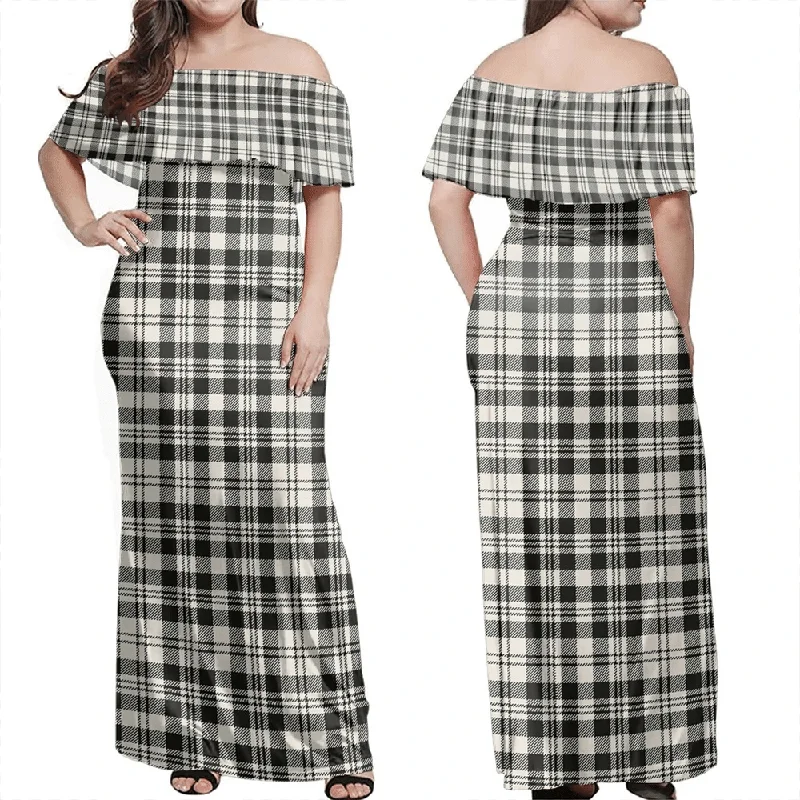 Scott Black & White Ancient Tartan Off Shoulder Long Dress Tunics Prom sequined
