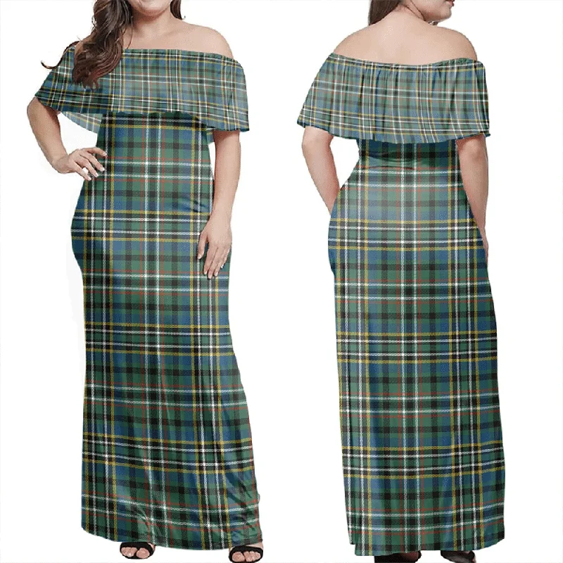 Scott Green Ancient Tartan Off Shoulder Long Dress Tunics Winter warm
