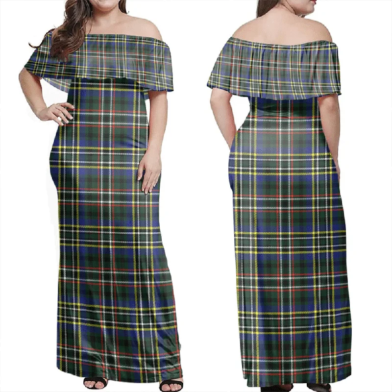 Scott Green Modern Tartan Off Shoulder Long Dress Tunics Summer linen