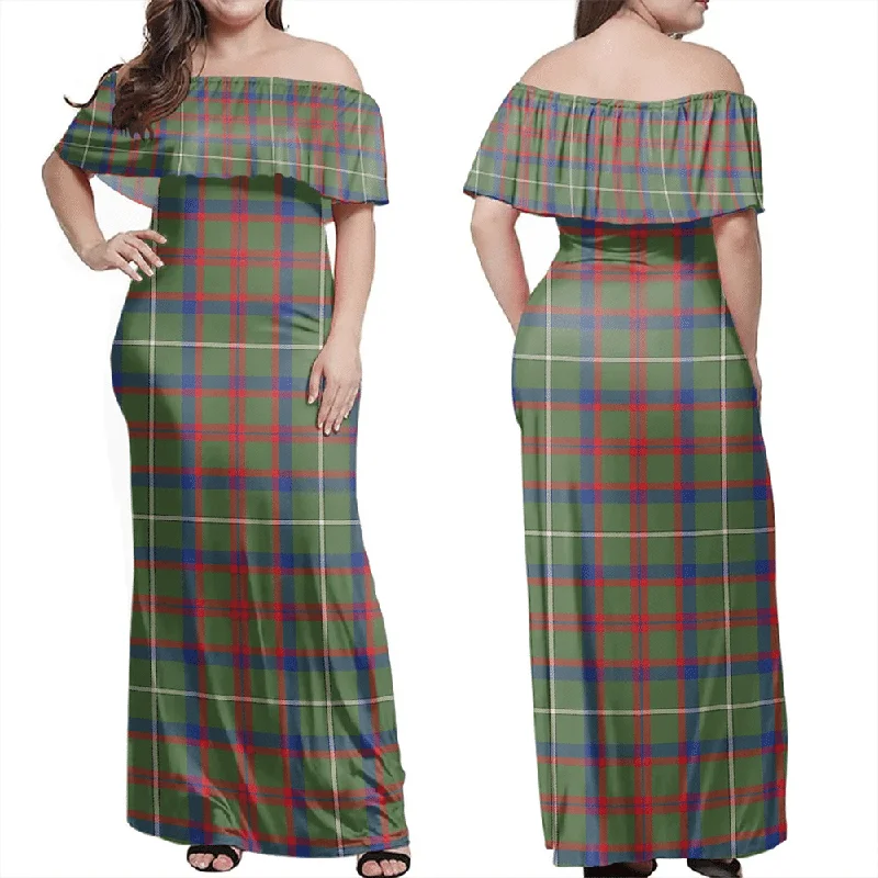 Shaw Green Modern Tartan Off Shoulder Long Dress Tunics Favorite customer