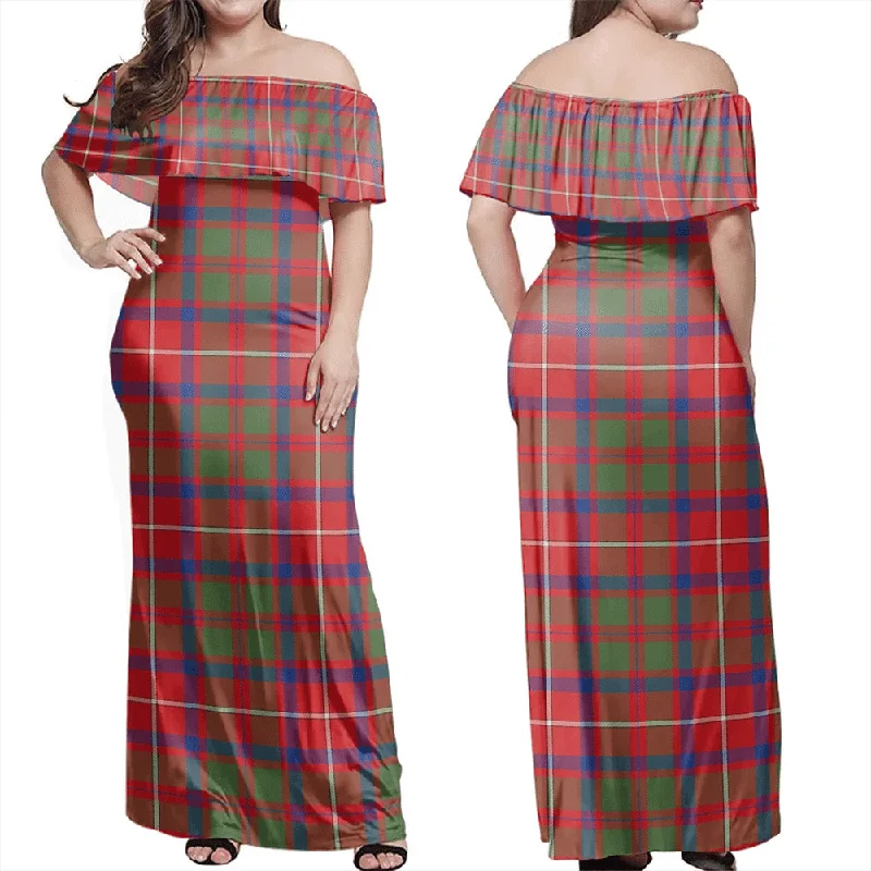 Shaw Red Modern Tartan Off Shoulder Long Dress Tunics Trendy modern