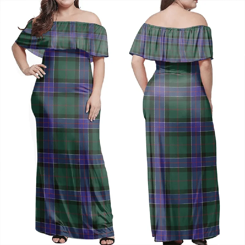 Sinclair Hunting Modern Tartan Off Shoulder Long Dress Tunics Chic elegant